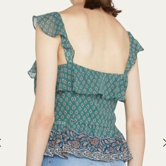 Veronica Beard Randa 100% Silk Green Paisley Ruffle Trim Top NWT Size 10 - Picture 2 of 8